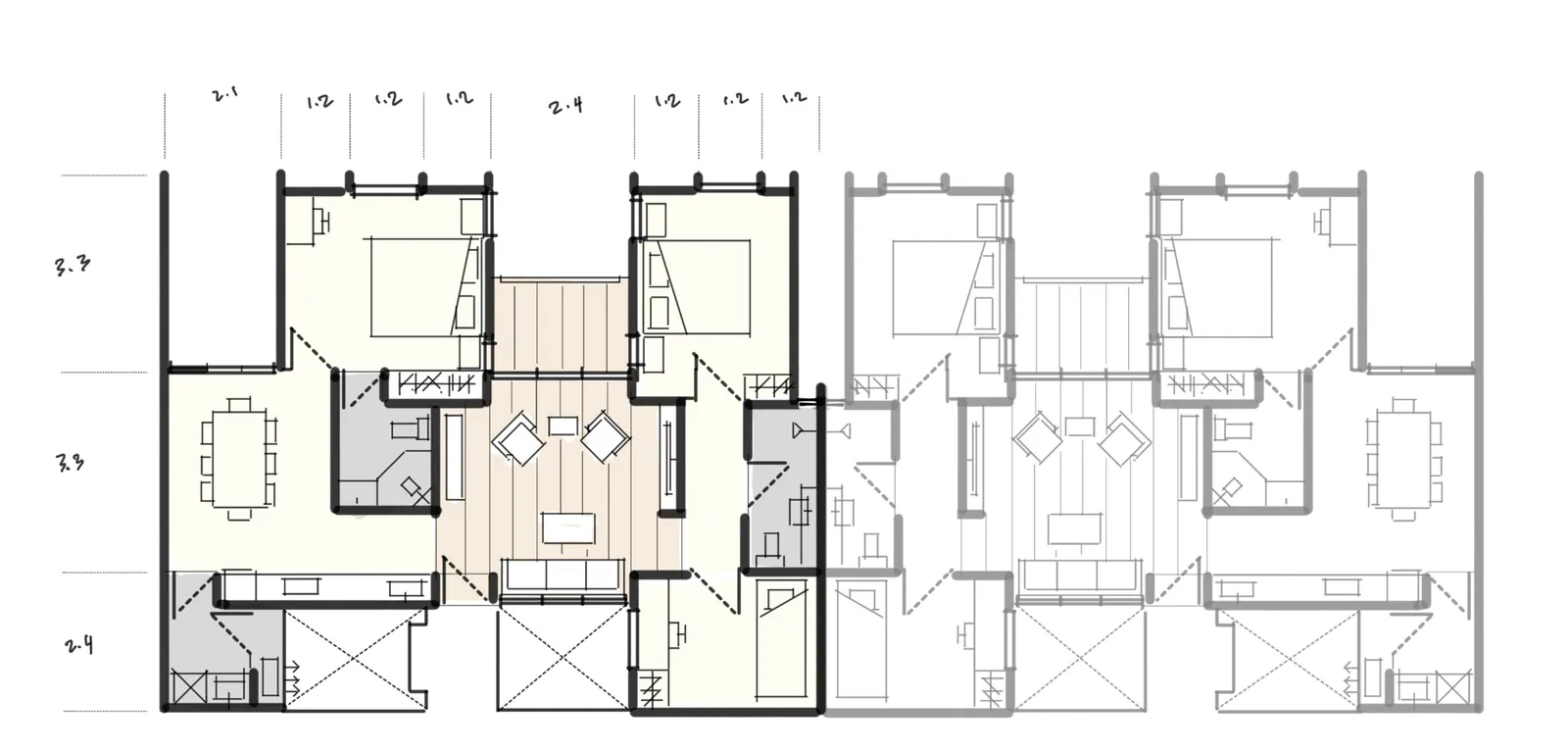 Floor plan of the 750 square foot, 3 bedroom 2 bathroom unit